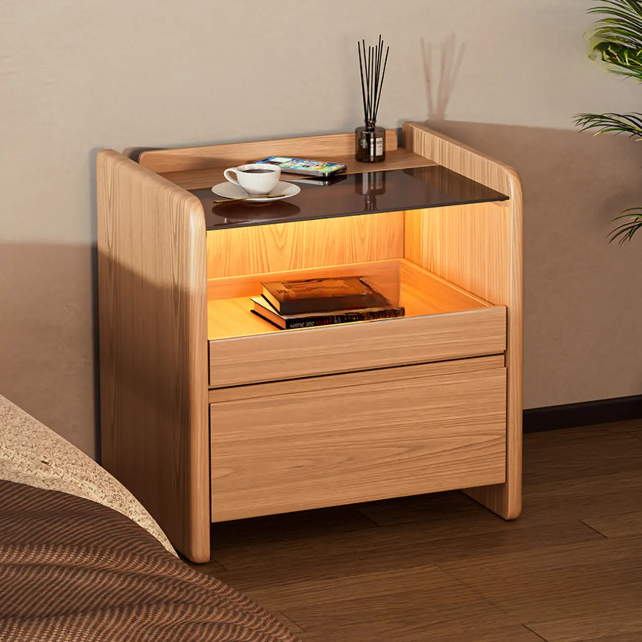 Durable Cherry Wood Storage Nightstand with Bulti-in Lighting Image - 2 | homeyfad