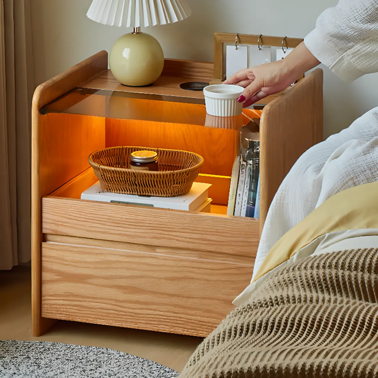 Durable Cherry Wood Storage Nightstand with Bulti-in Lighting Image - 4 | homeyfad