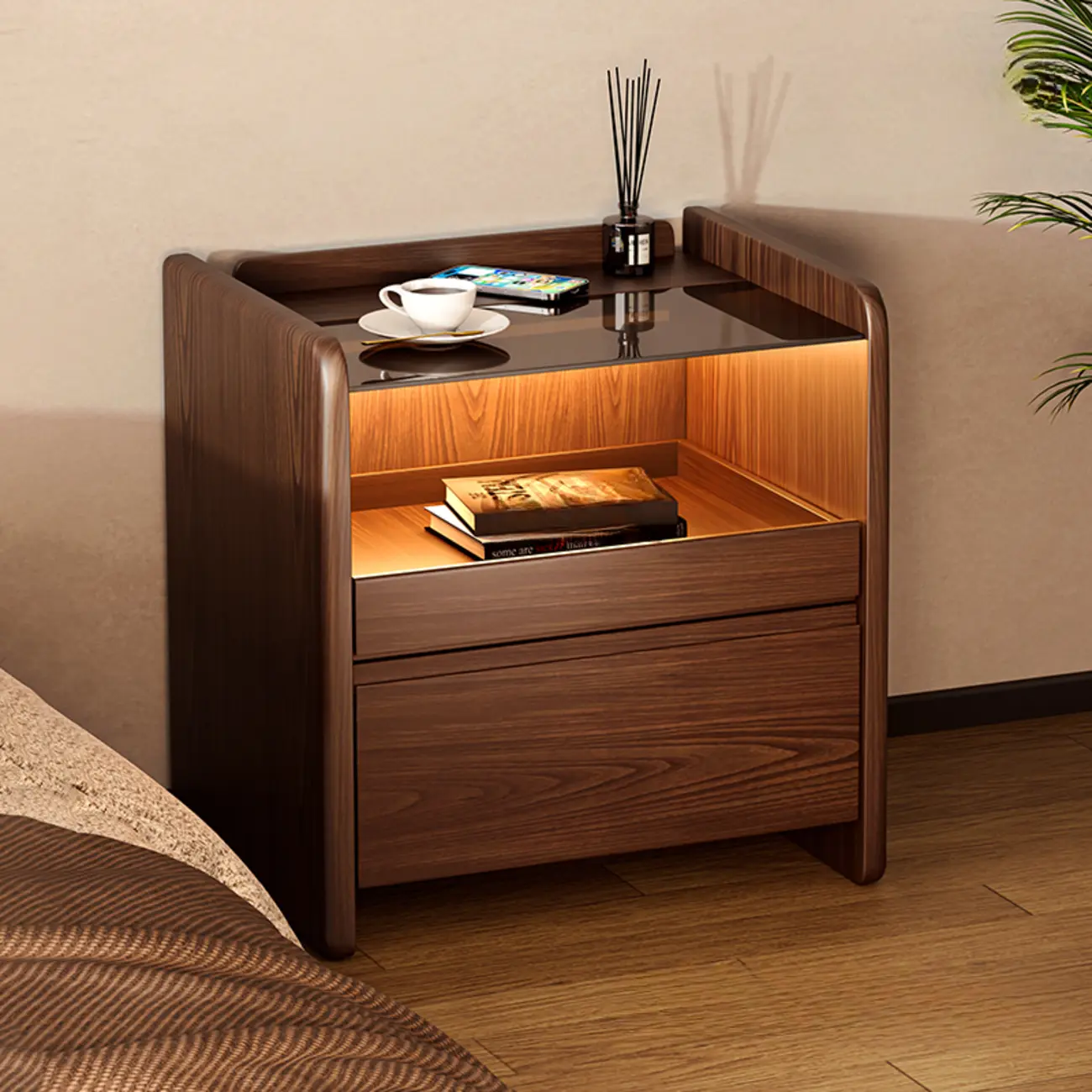 Durable Cherry Wood Storage Nightstand with Bulti-in Lighting Image - 5 | homeyfad