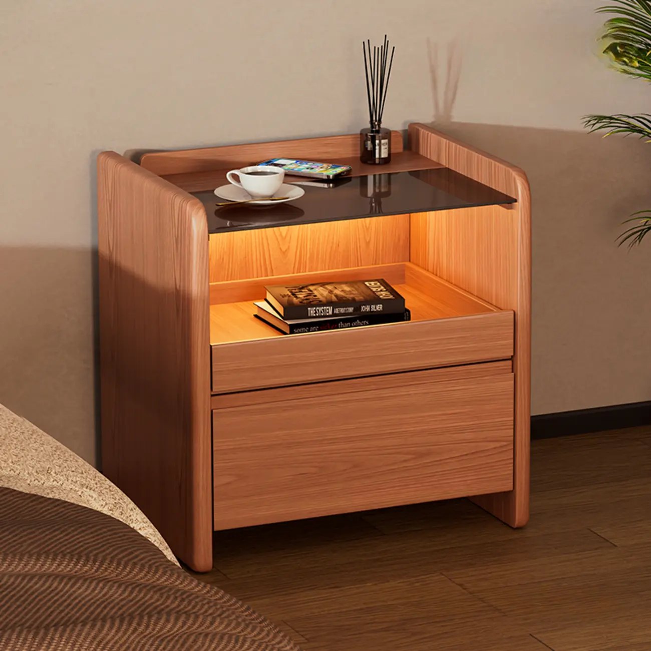 Durable Cherry Wood Storage Nightstand with Bulti-in Lighting Image - 6 | homeyfad