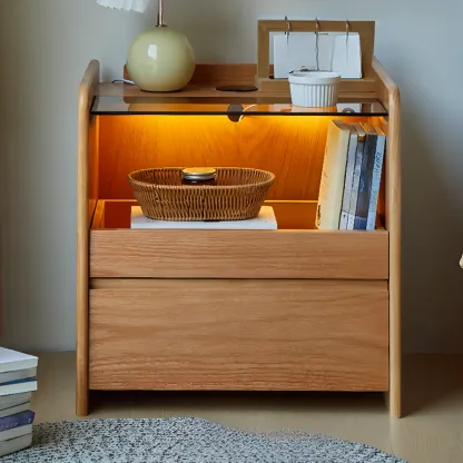 Durable Cherry Wood Storage Nightstand with Bulti-in Lighting Image - 7