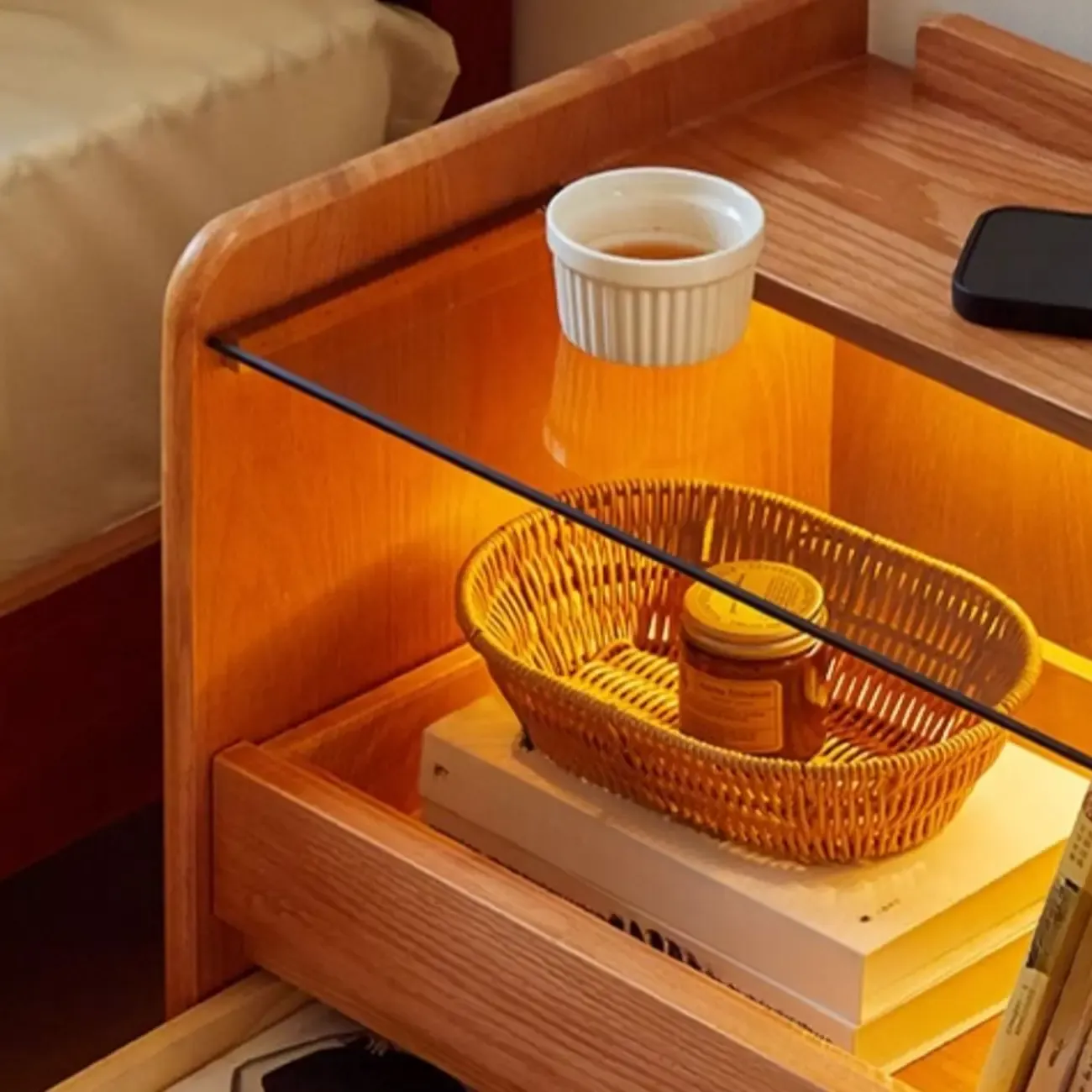 Durable Cherry Wood Storage Nightstand with Bulti-in Lighting Image - 3