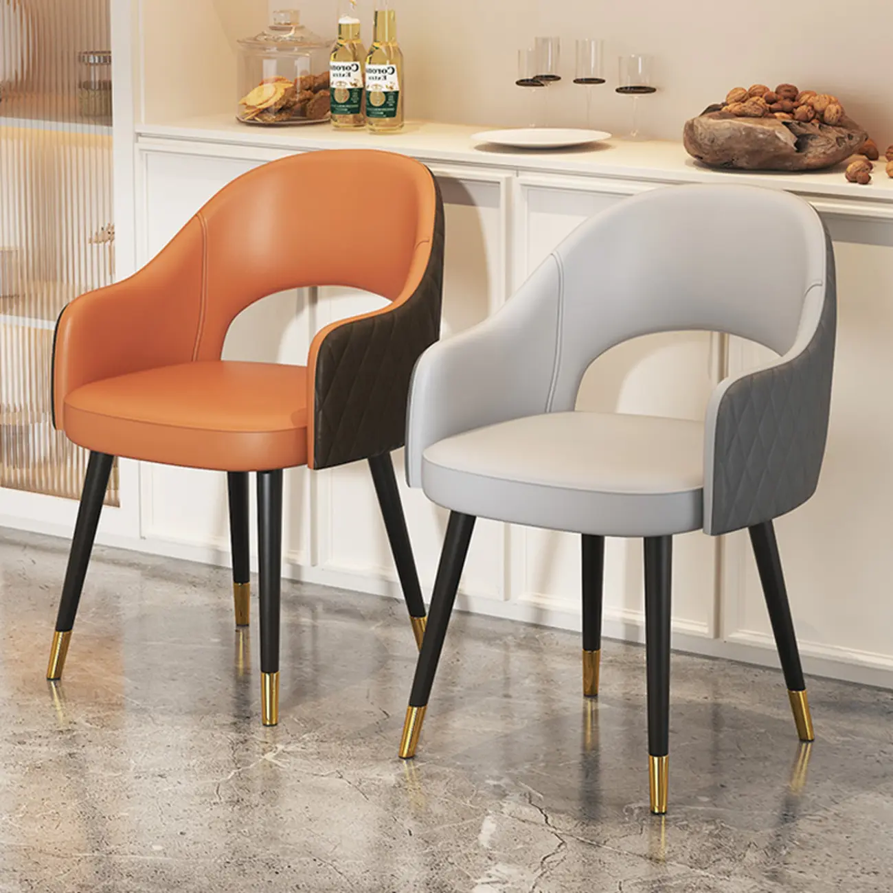 Open Curved Back Leather Armrest Dining Chairs Image - 1 | homeyfad