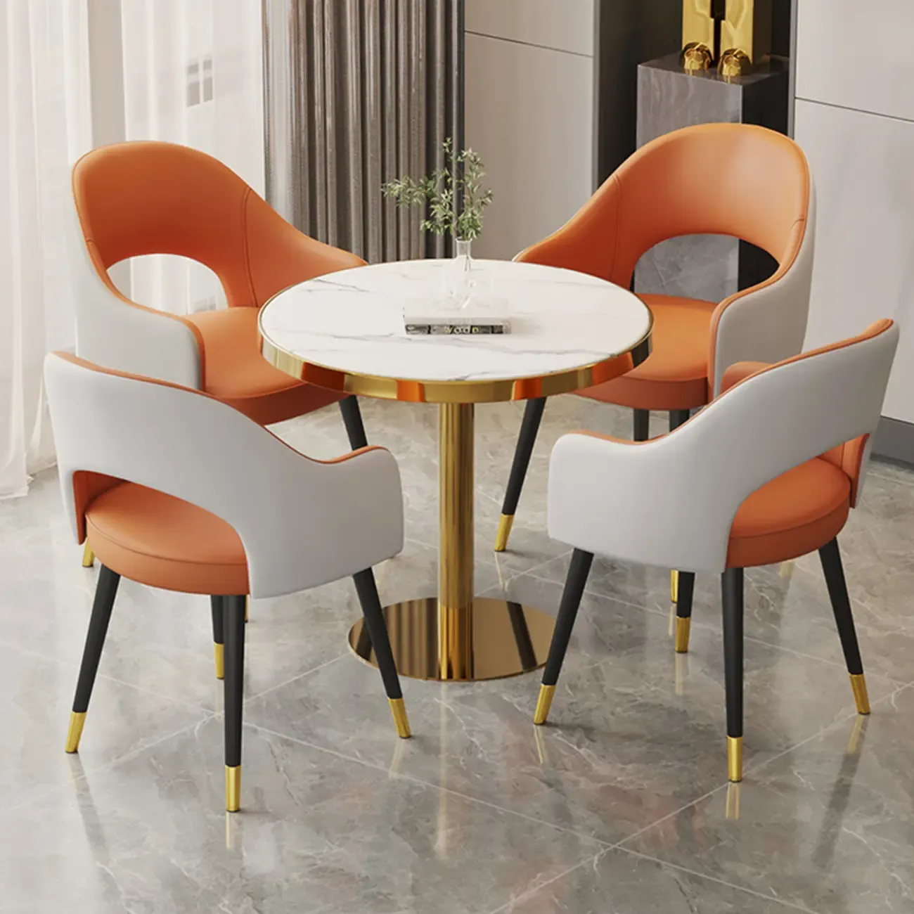 Open Curved Back Leather Armrest Dining Chairs Image - 4