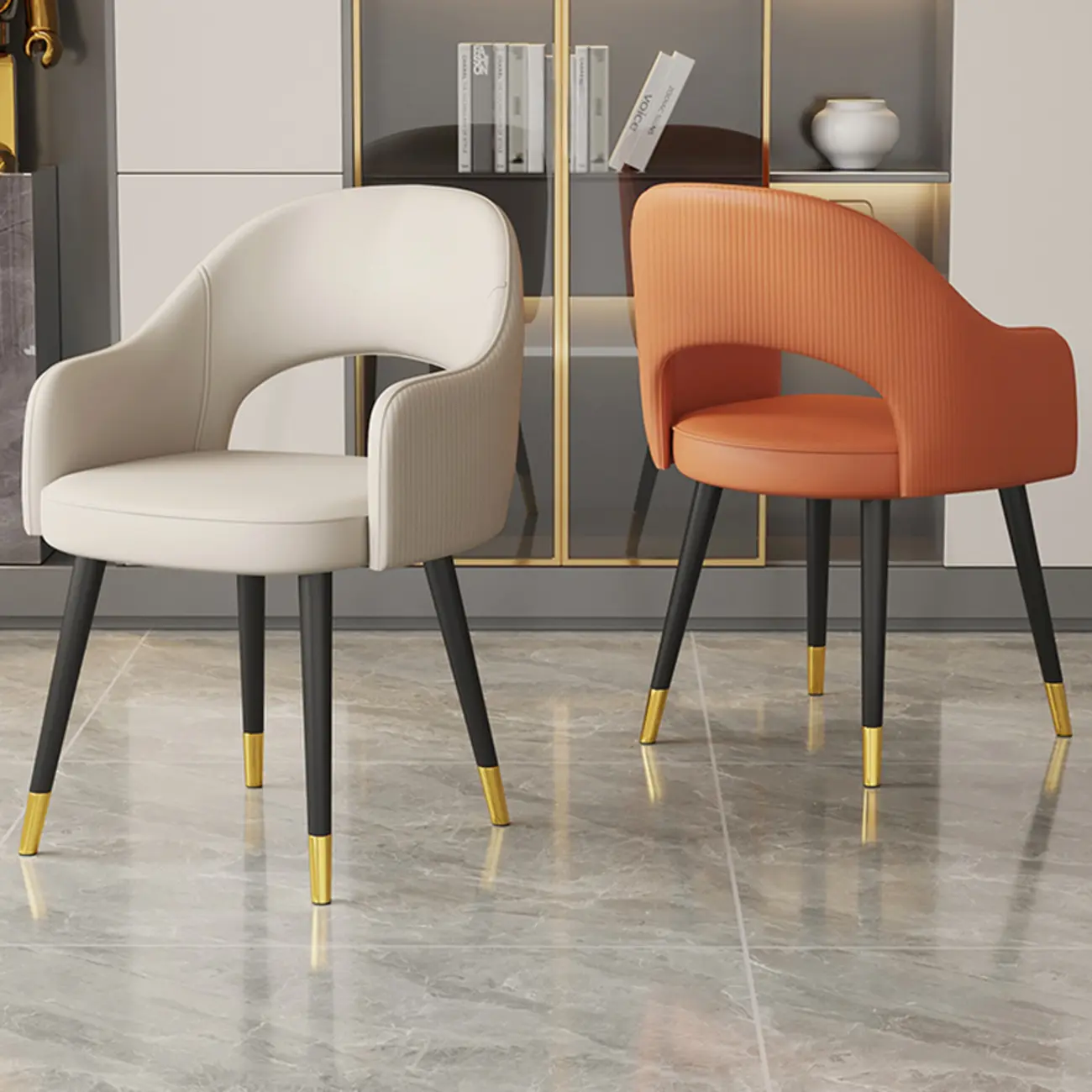 Open Curved Back Leather Armrest Dining Chairs Image - 3 | homeyfad