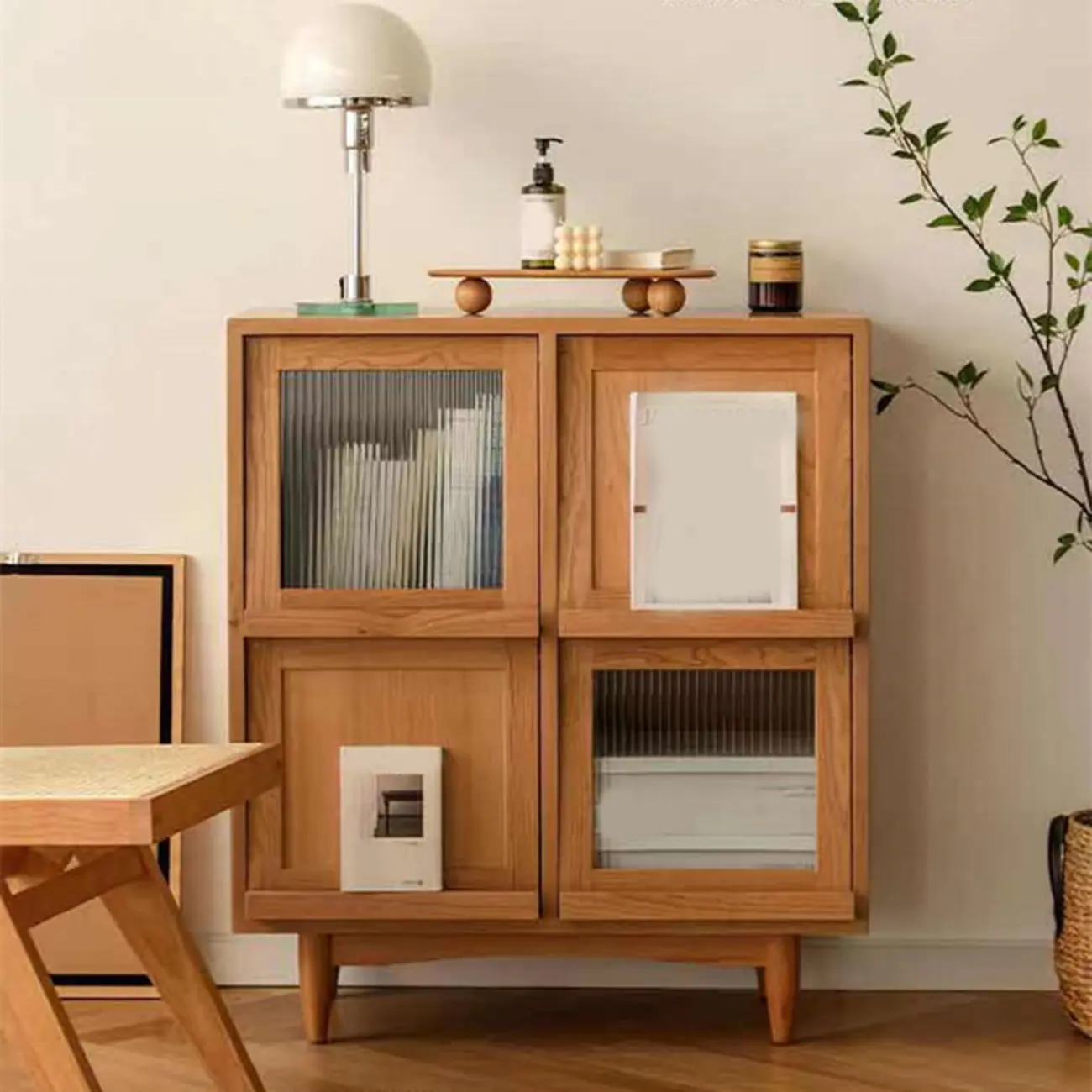 Rectangle Solid Wood Side Cabinet Modern Glass Paned Storage Cabinet Image - 1 | homeyfad