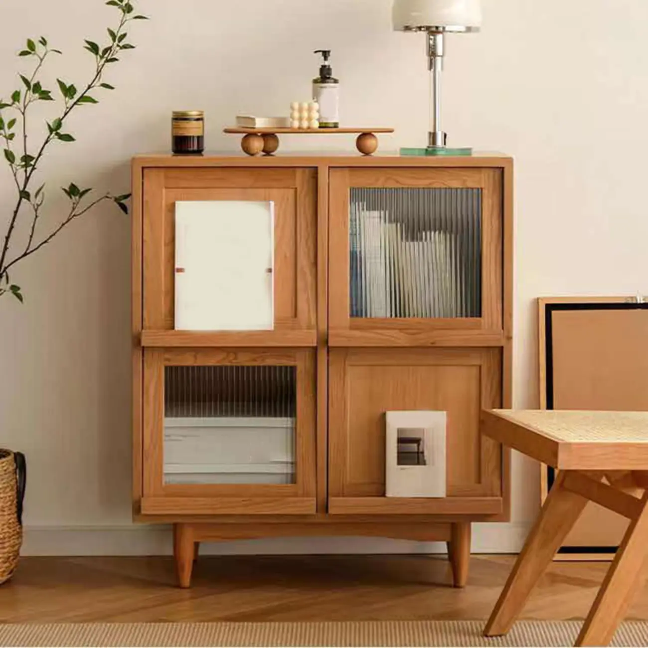 Rectangle Solid Wood Side Cabinet Modern Glass Paned Storage Cabinet Image - 7 | homeyfad