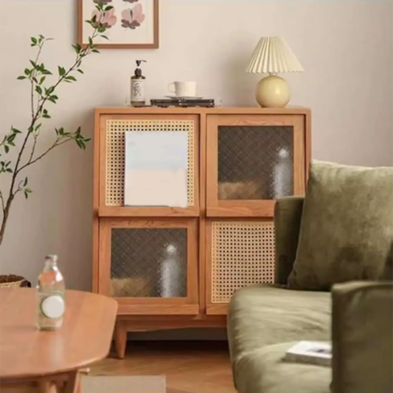 Rectangle Solid Wood Side Cabinet Modern Glass Paned Storage Cabinet Image - 9 | homeyfad