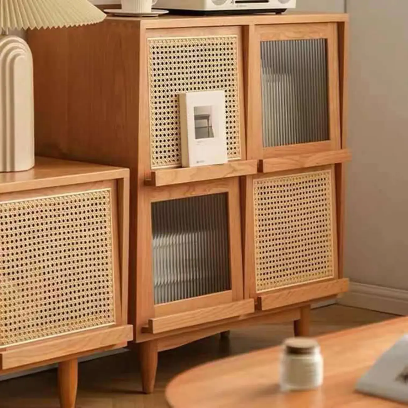 Rectangle Solid Wood Side Cabinet Modern Glass Paned Storage Cabinet Image - 11 | homeyfad