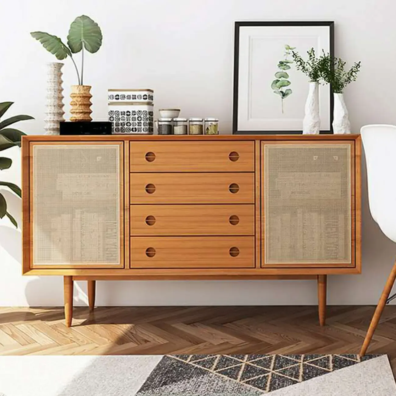 Living Room Modern Natural Wood Rectangle Storage Cabinet Image - 1