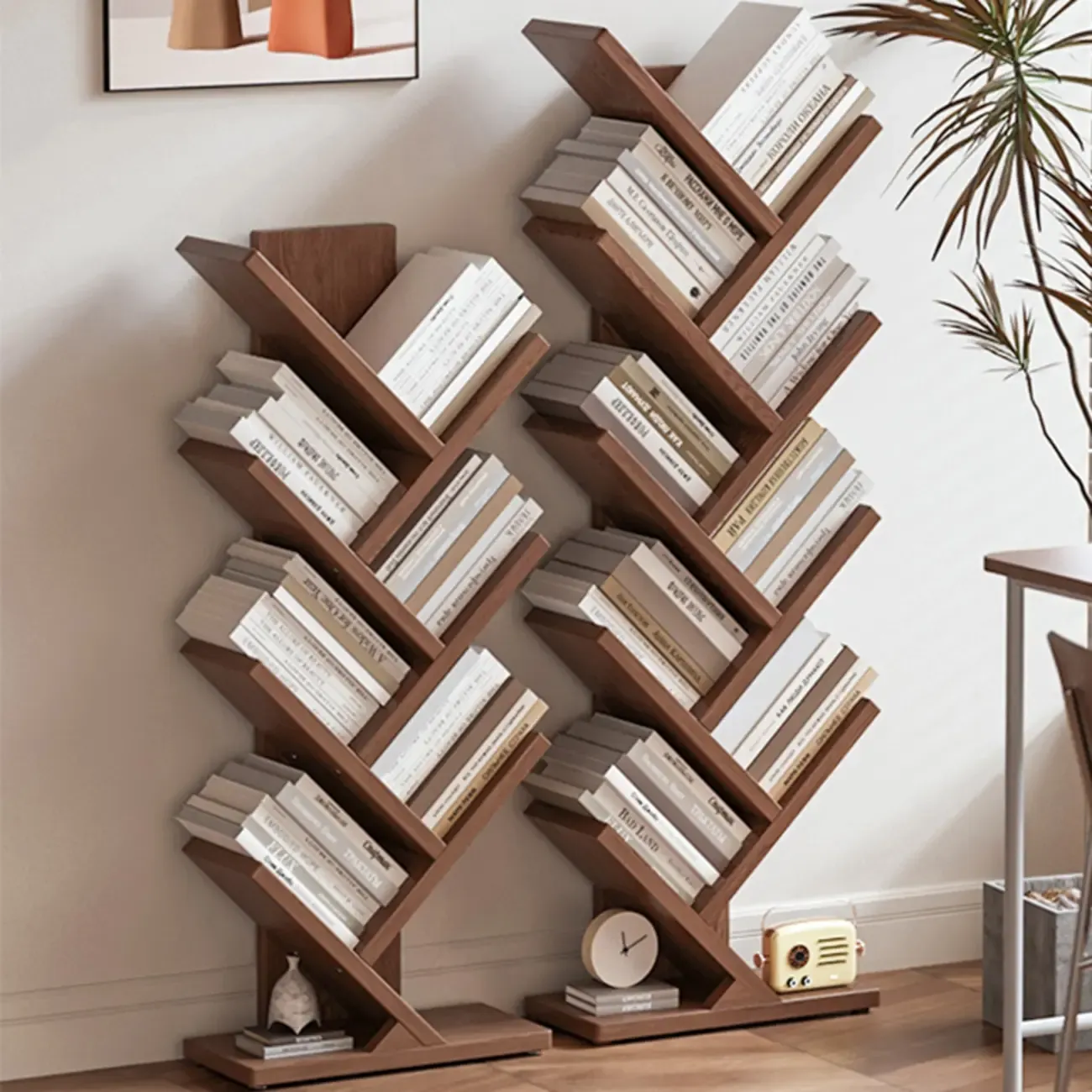 Etagere Wood Nut-Brown Narrow Zigzag Shelf Bookcase Image - 1