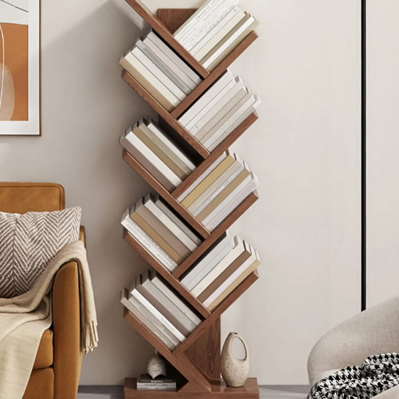 Etagere Wood Nut-Brown Narrow Zigzag Shelf Bookcase Image - 2 | homeyfad
