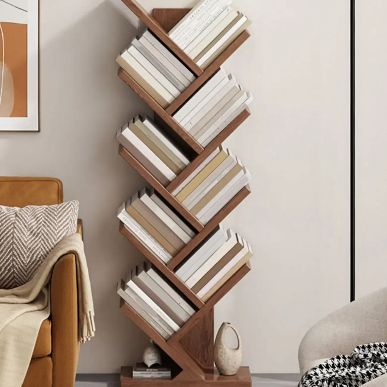 Etagere Wood Nut-Brown Narrow Zigzag Shelf Bookcase Image - 2
