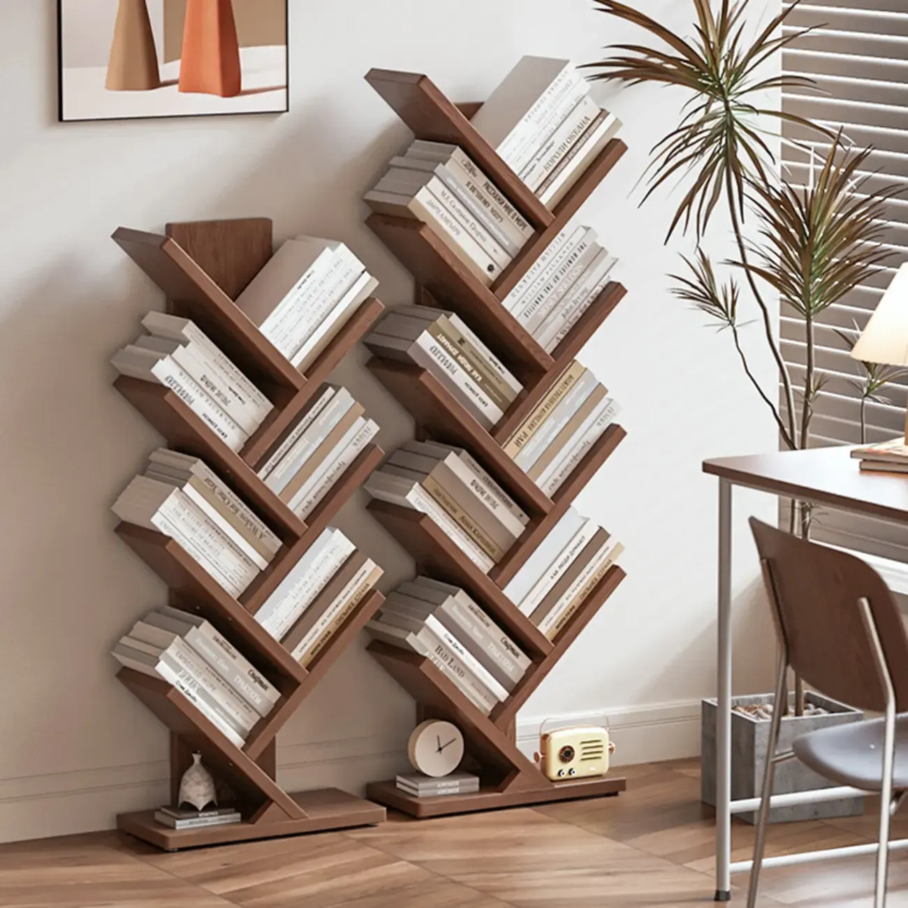 Etagere Wood Nut-Brown Narrow Zigzag Shelf Bookcase Image - 3