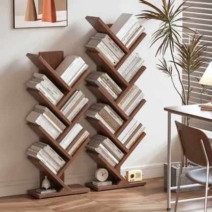 Etagere Wood Nut-Brown Narrow Zigzag Shelf Bookcase Image - 3