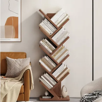 Etagere Wood Nut-Brown Narrow Zigzag Shelf Bookcase Image - 4