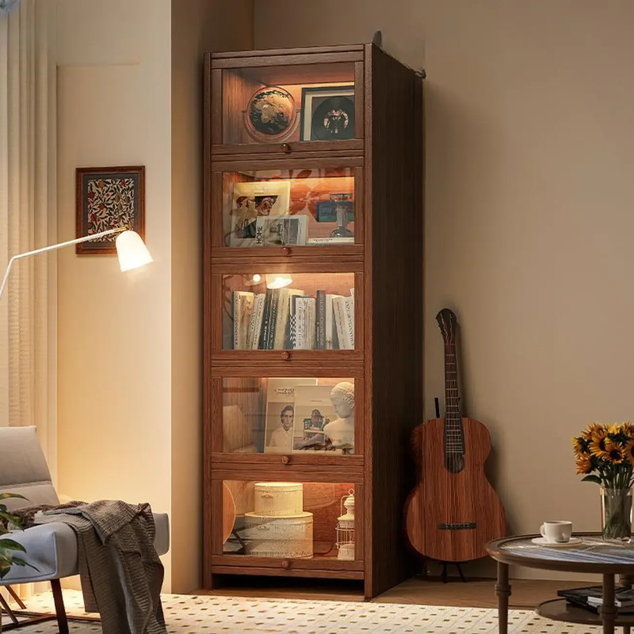 Contemporary Vertical Nut-Brown Wooden 5-Shelf Bookcase  Image - 17
