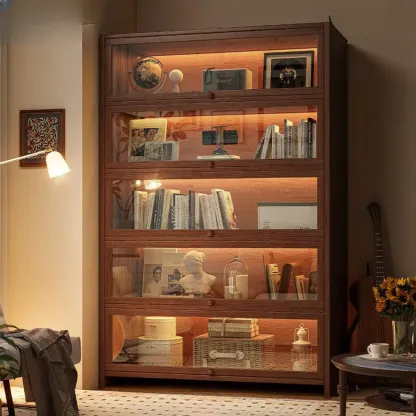 Contemporary Vertical Nut-Brown Wooden 5-Shelf Bookcase  Image - 19