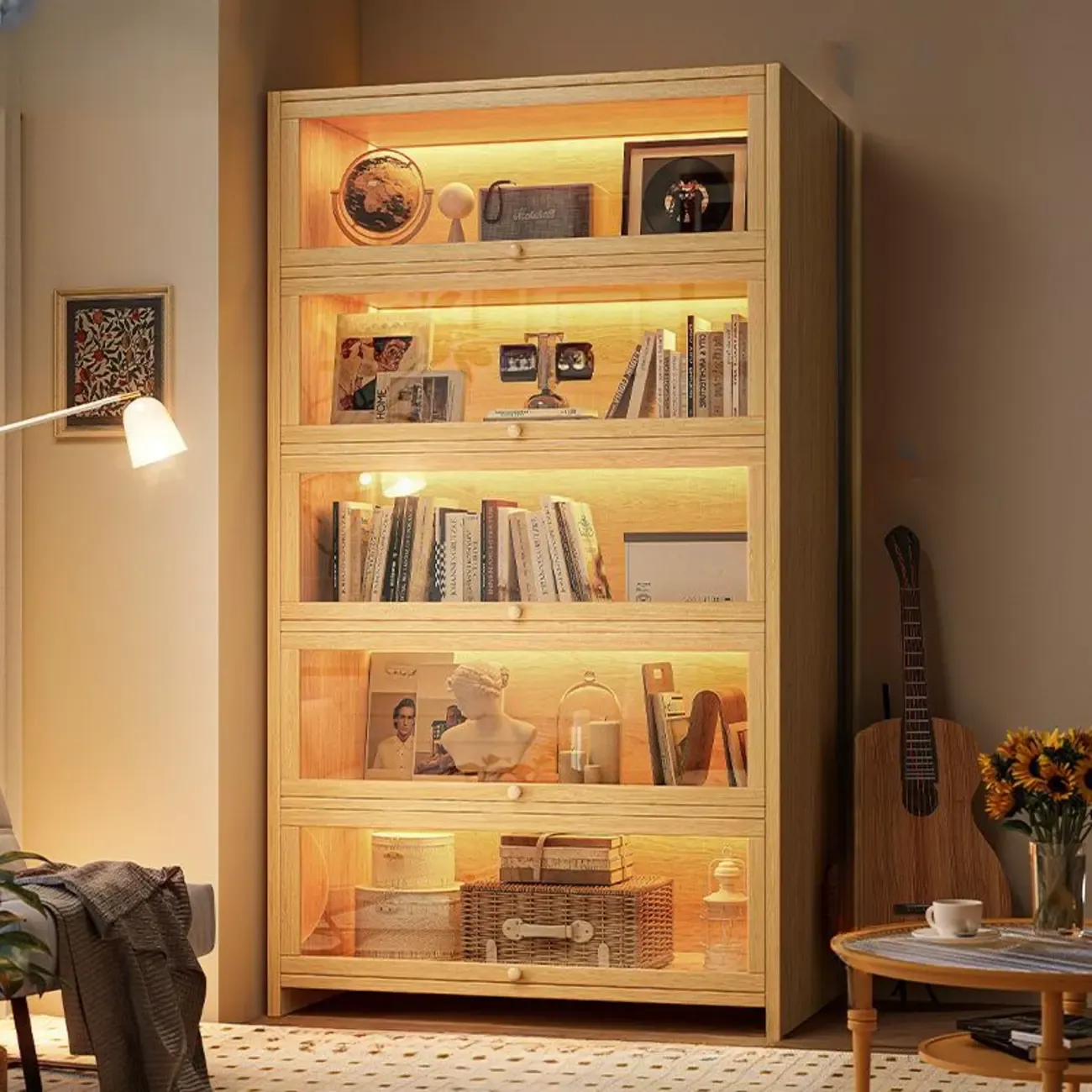 Contemporary Vertical Nut-Brown Wooden 5-Shelf Bookcase  Image - 30