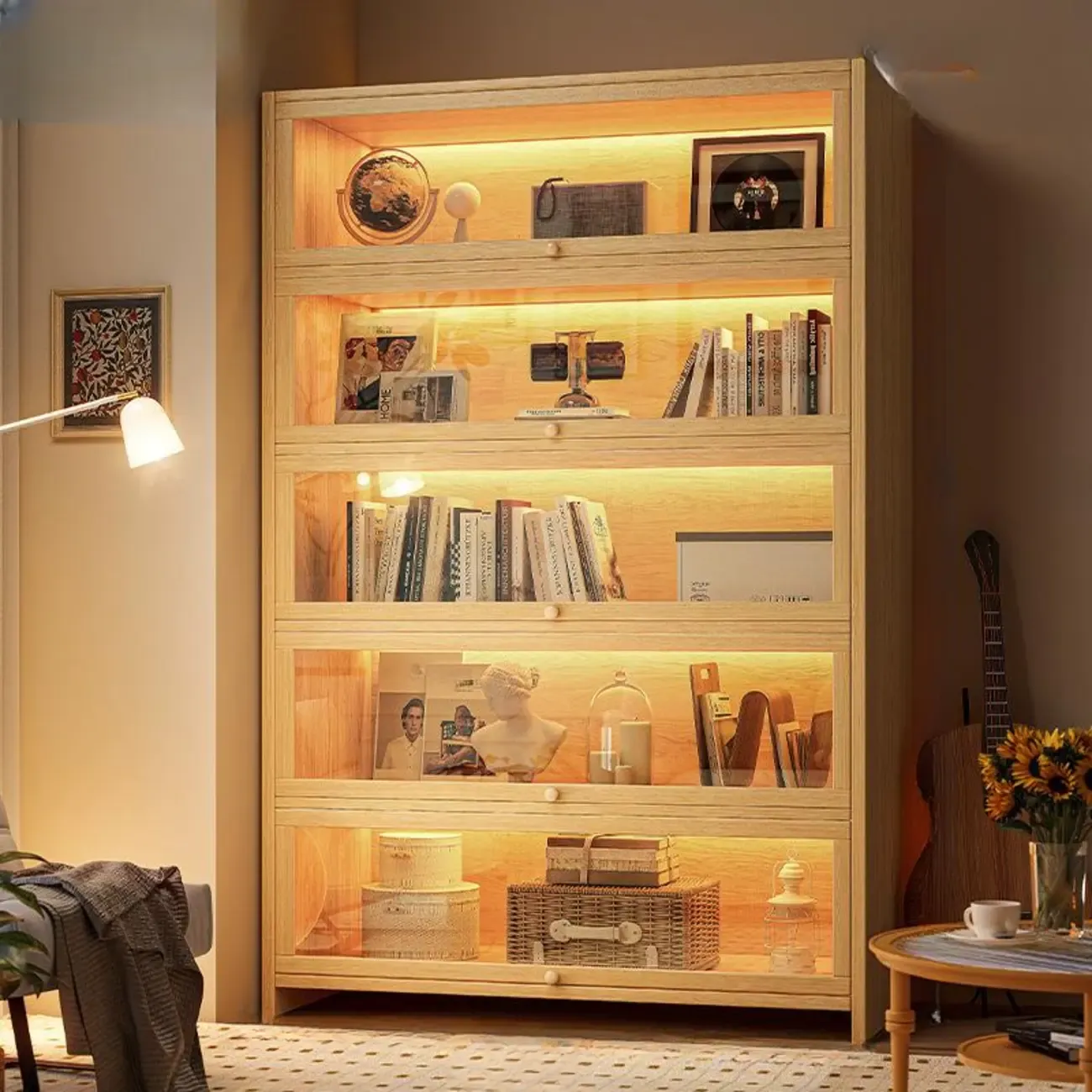 Contemporary Vertical Nut-Brown Wooden 5-Shelf Bookcase  Image - 31