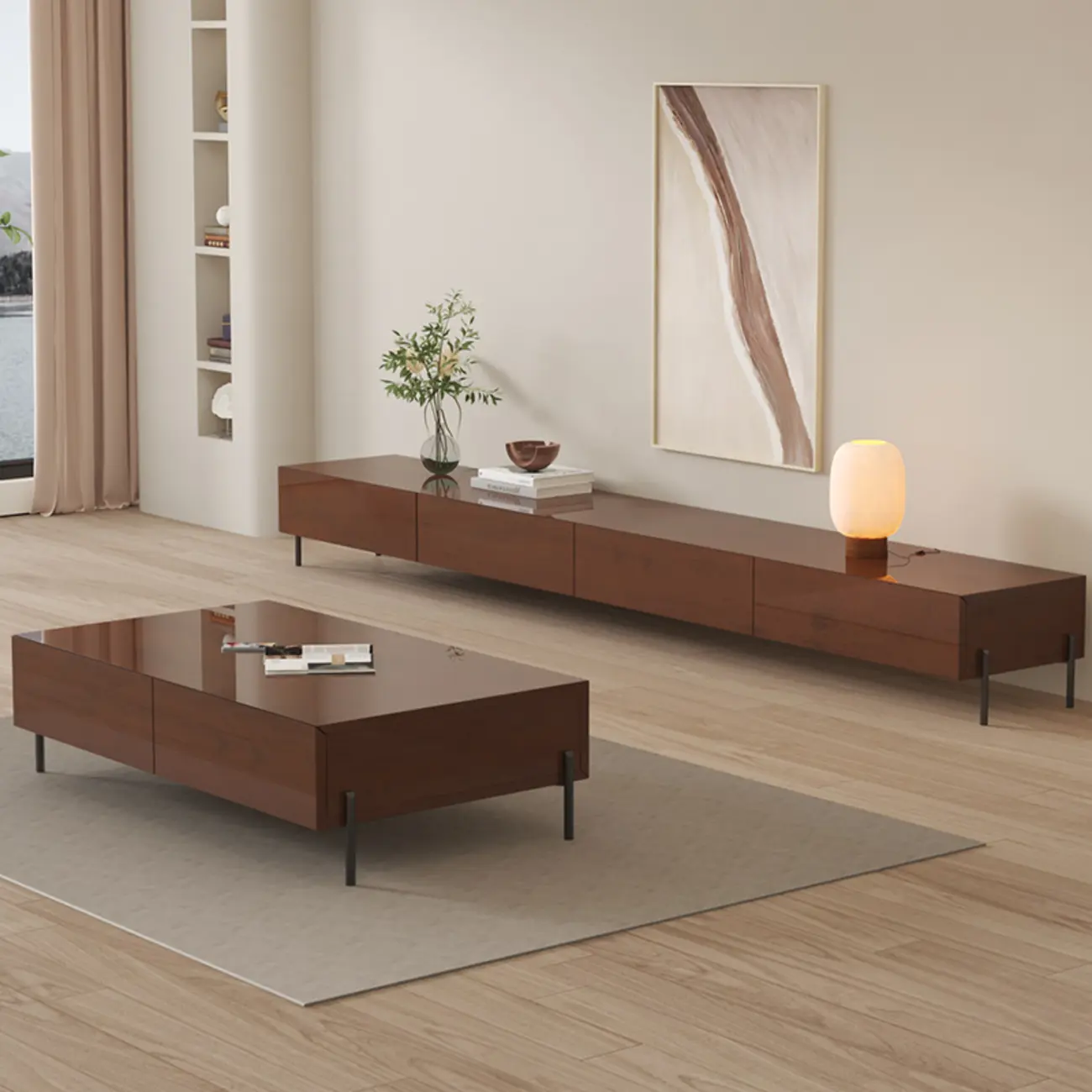 Modern Wood TV Stand in Nut-Brown with Drawers | homeyfad