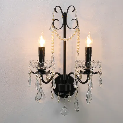 Black Modern 2-Light Candelabra Wall Sconce with Crystal  Image - 2