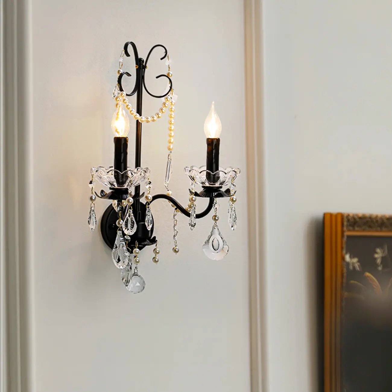 Black Modern 2-Light Candelabra Wall Sconce with Crystal  Image - 3 | homeyfad