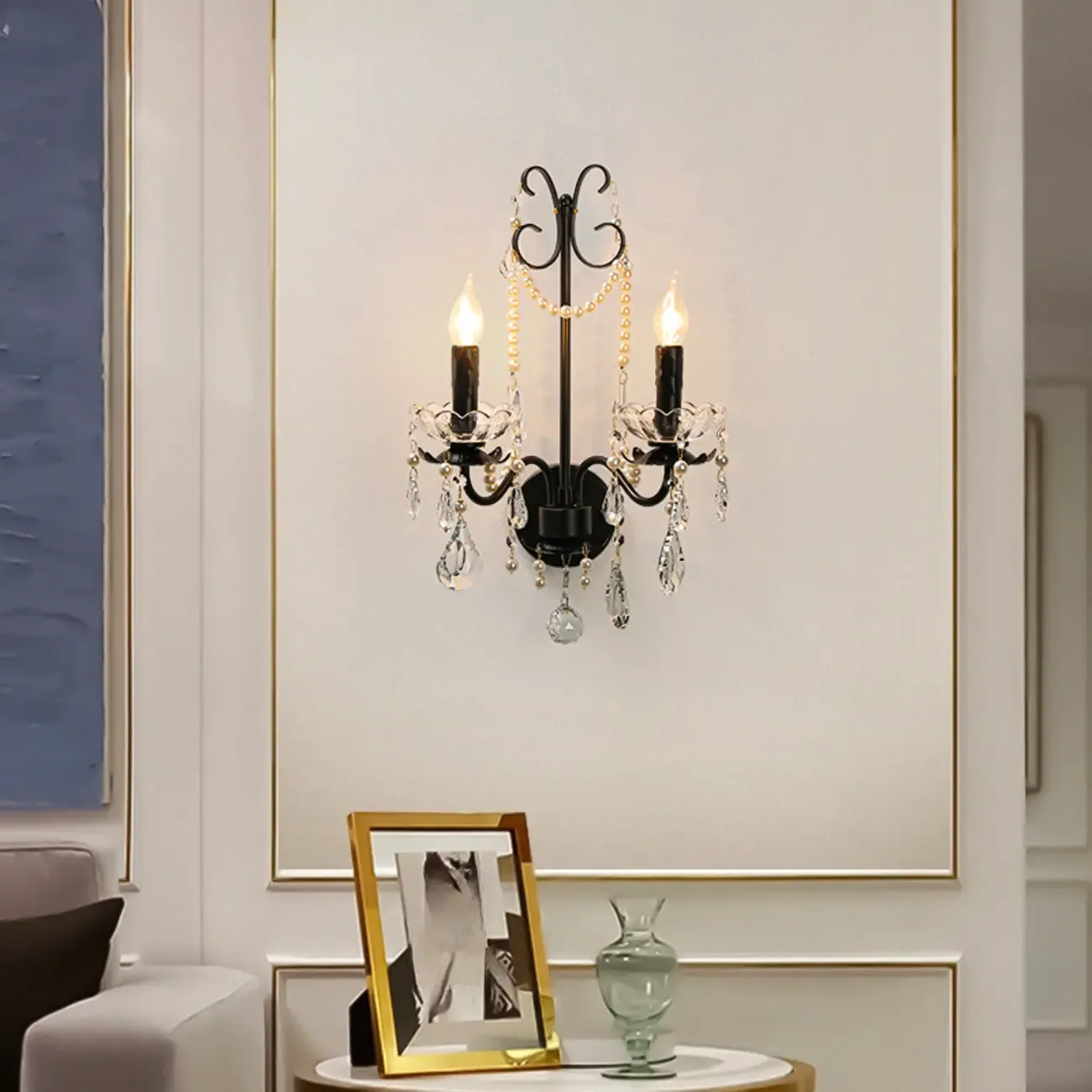 Black Modern 2-Light Candelabra Wall Sconce with Crystal  Image - 4