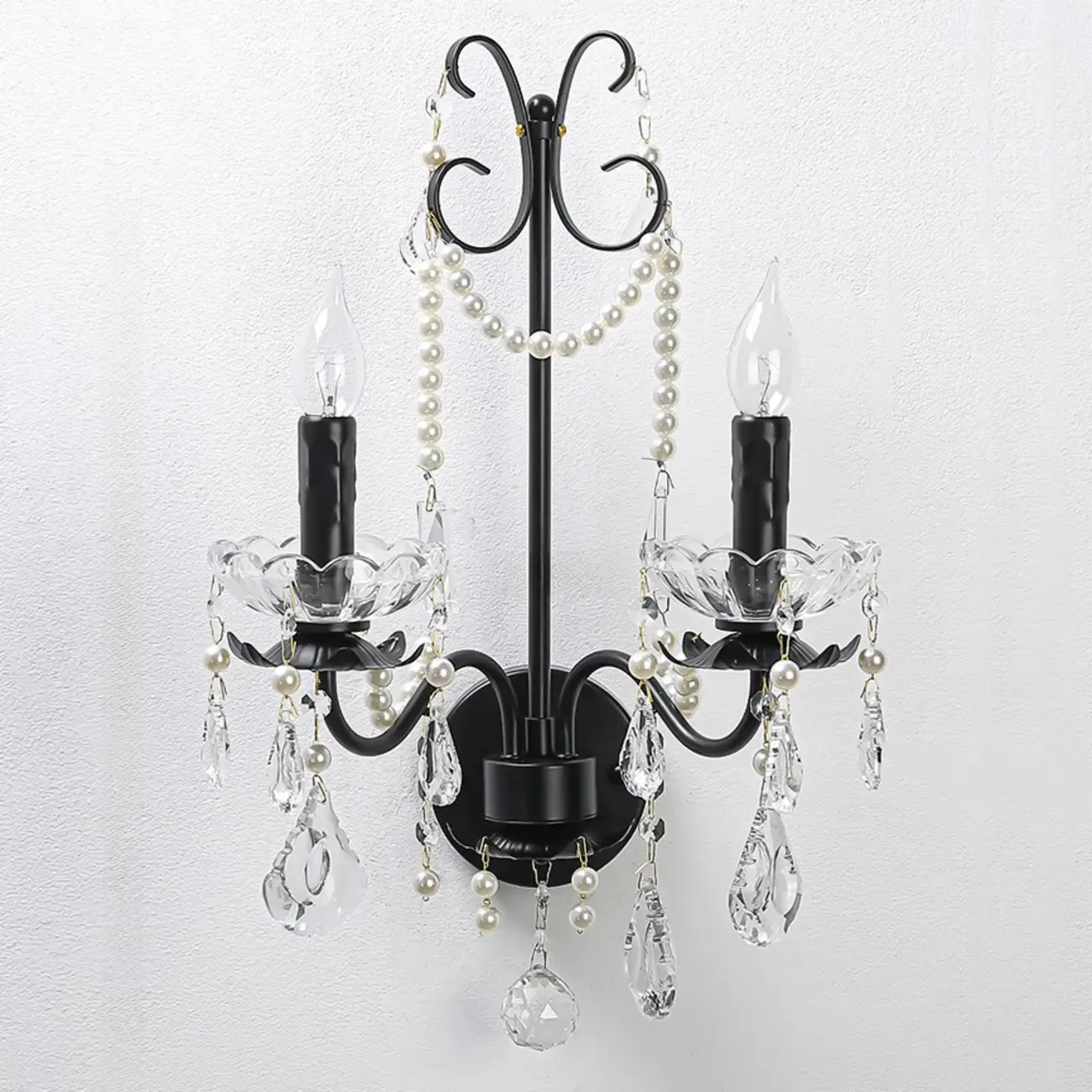 Black Modern 2-Light Candelabra Wall Sconce with Crystal  Image - 5