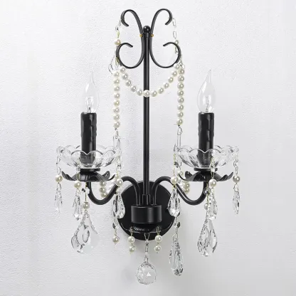 Black Modern 2-Light Candelabra Wall Sconce with Crystal  Image - 5