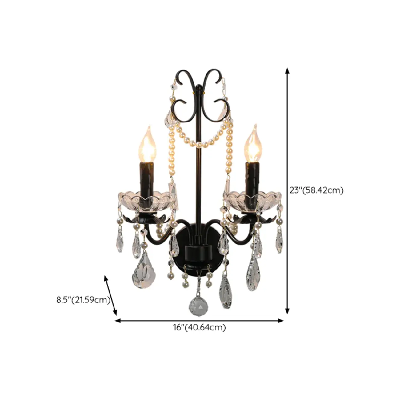 Black Modern 2-Light Candelabra Wall Sconce with Crystal  #size | homeyfad