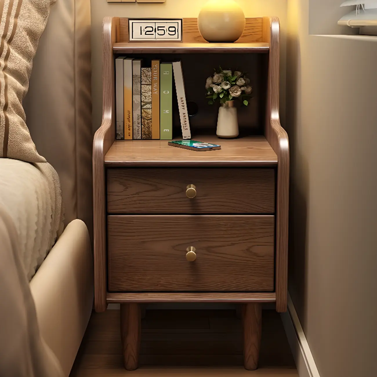 Tall Nut-Brown Wood Beside Nightstand with Drawers Image - 4 | homeyfad