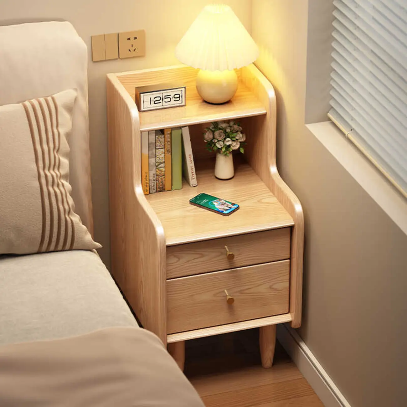 Tall Nut-Brown Wood Beside Nightstand with Drawers Image - 2 | homeyfad