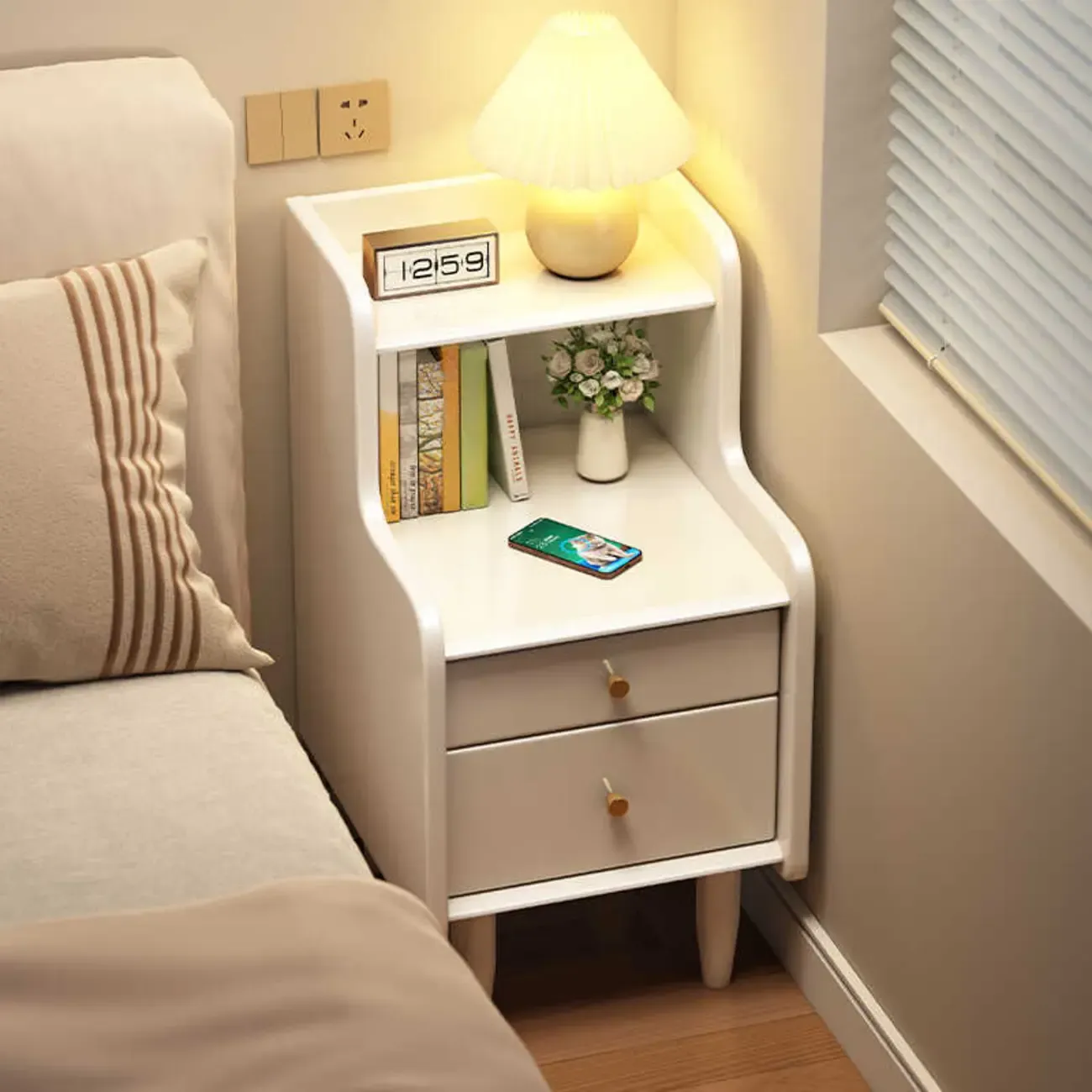 Tall Nut-Brown Wood Beside Nightstand with Drawers Image - 3