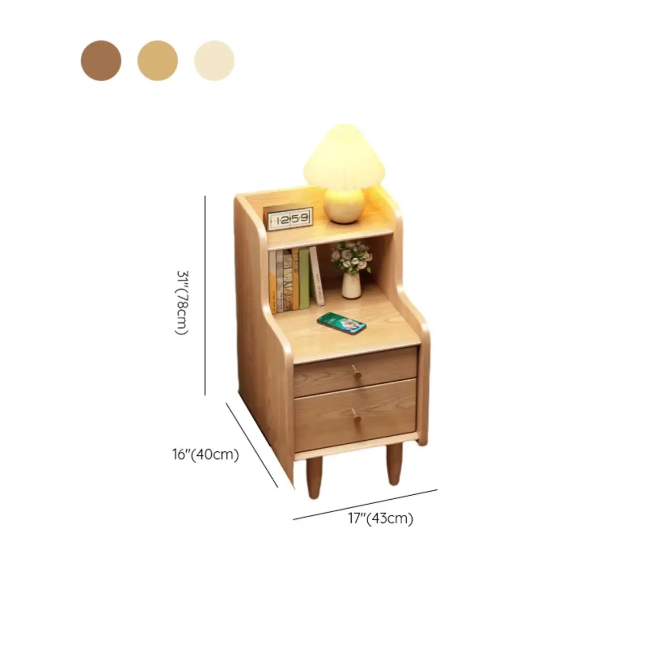 Tall Nut-Brown Wood Beside Nightstand with Drawers #size