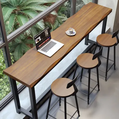 Modern Brown Wooden Grain Iron Trestle Bar Tables Image - 1