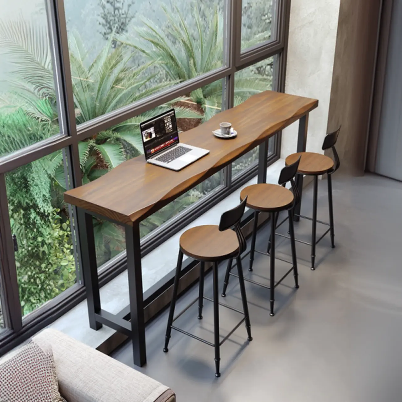 Modern Brown Wooden Grain Iron Trestle Bar Tables Image - 3 | homeyfad