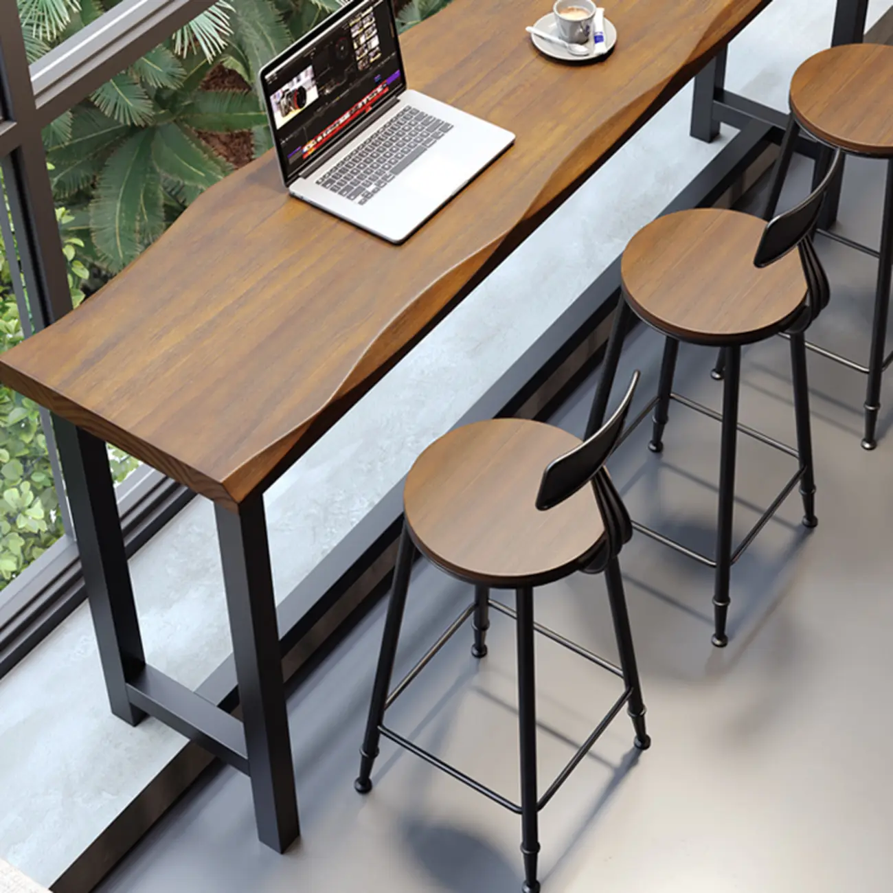Modern Brown Wooden Grain Iron Trestle Bar Tables Image - 5 | homeyfad