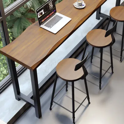 Modern Brown Wooden Grain Iron Trestle Bar Tables Image - 5