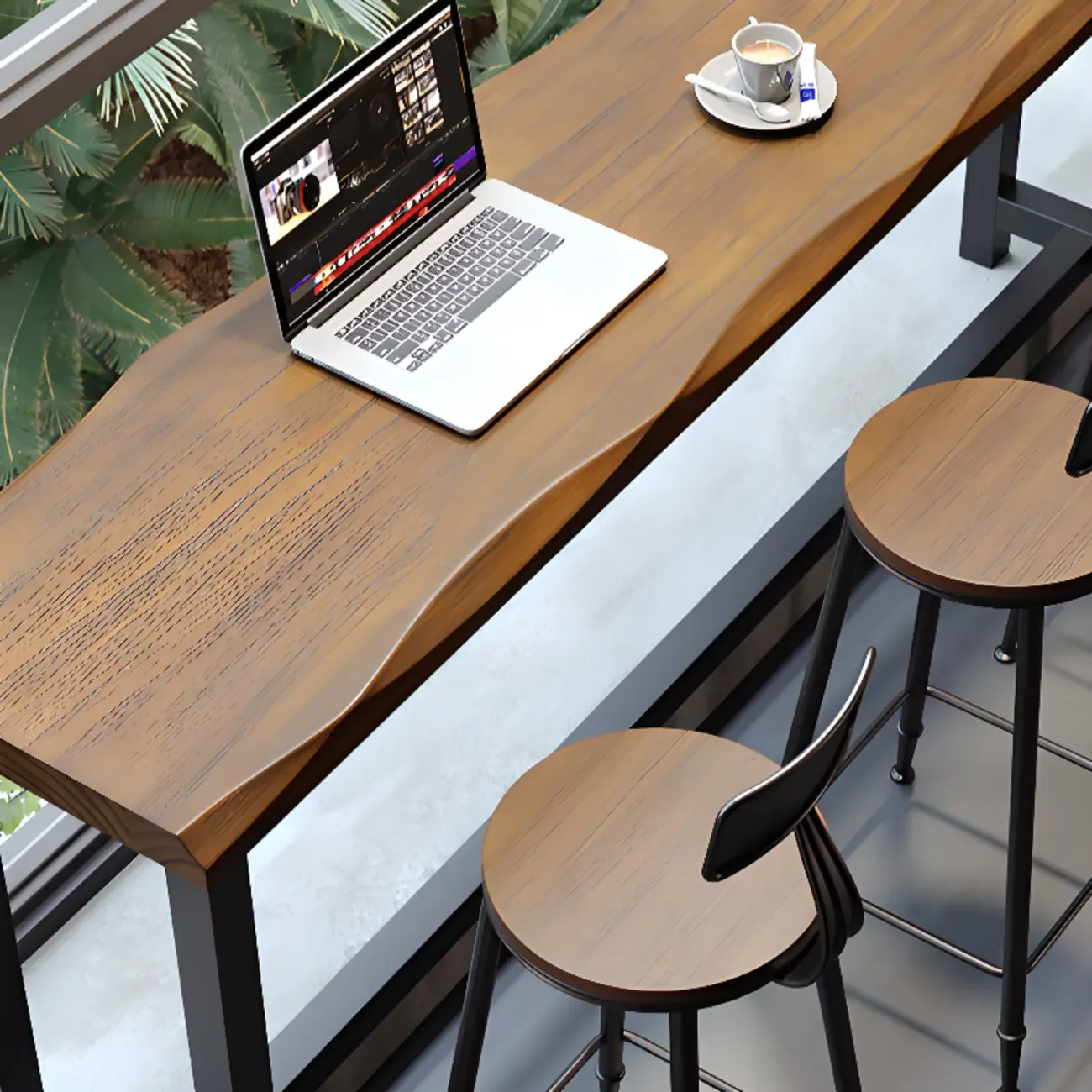 Modern Brown Wooden Grain Iron Trestle Bar Tables Image - 9