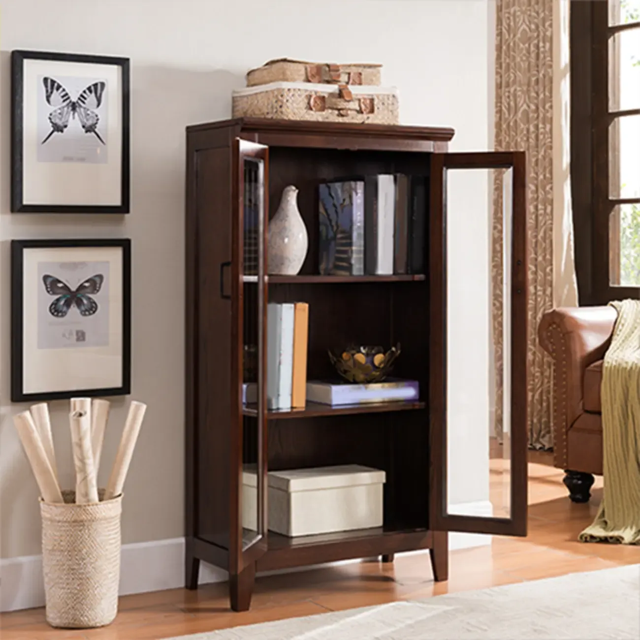  Mid-Century Modern Home Accent Wood Glass Paned Cabinet Image - 4