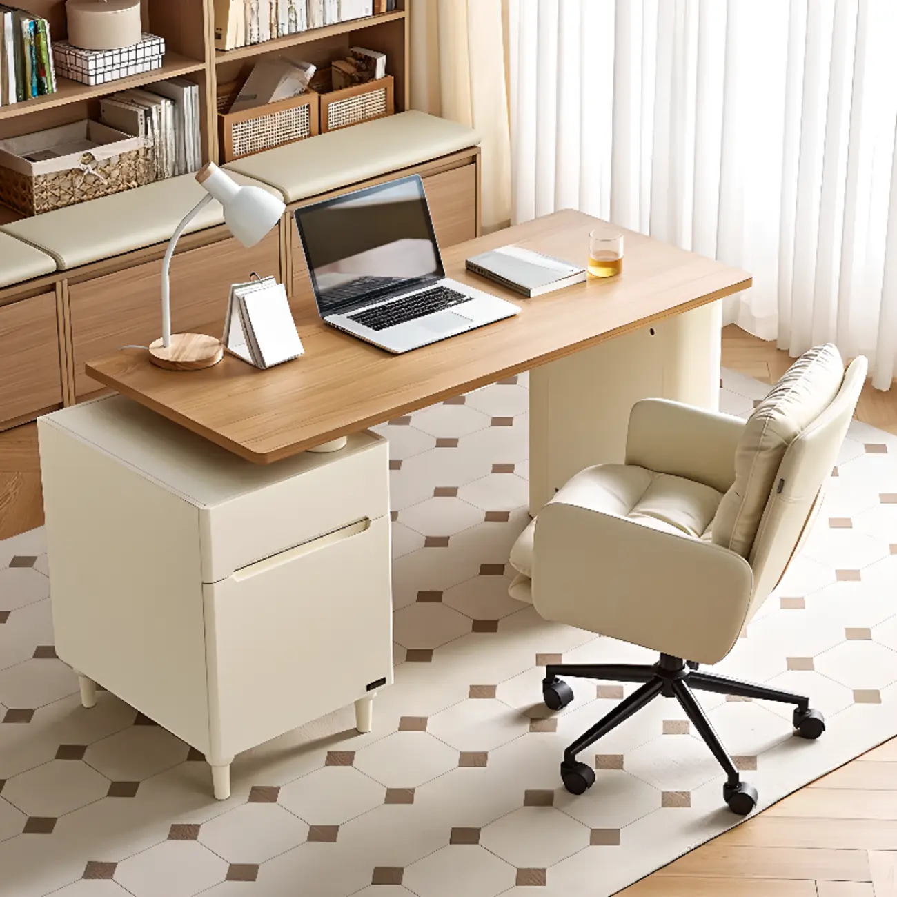 Scandinavian 55"L Natural White Wood Writing Desk with Storage Image - 1 | homeyfad