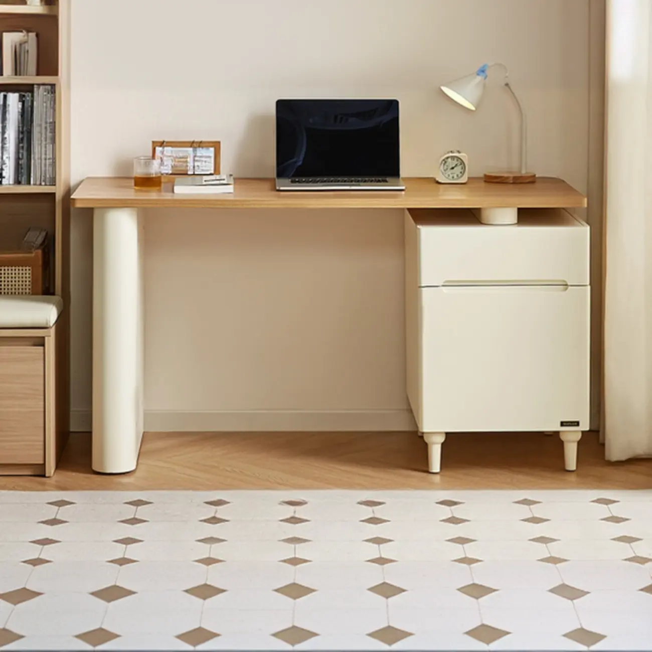 Scandinavian 55"L Natural White Wood Writing Desk with Storage Image - 2 | homeyfad