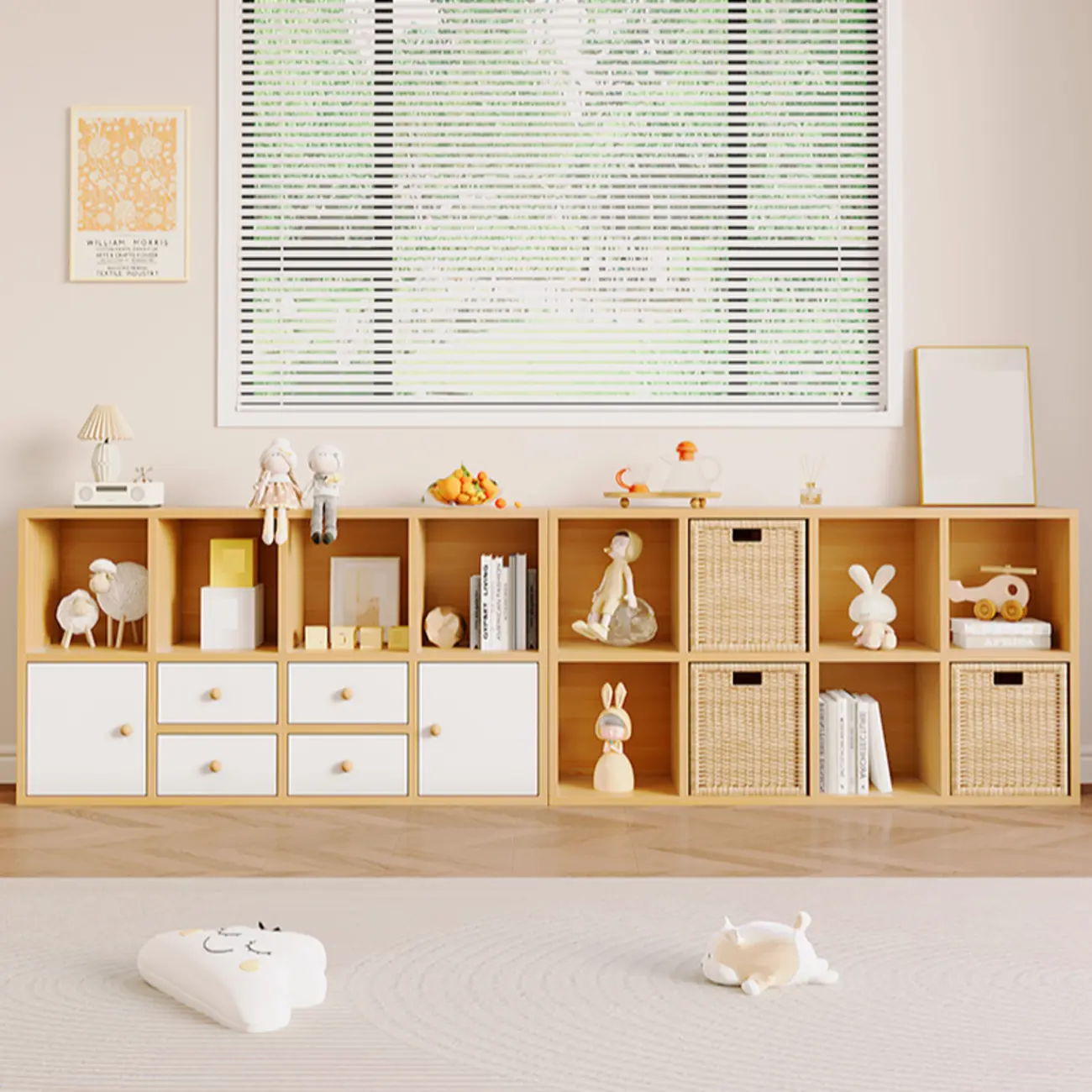 Horizontal Wood Nut-Brown Cube Bookcase with Drawers Image - 4 | homeyfad