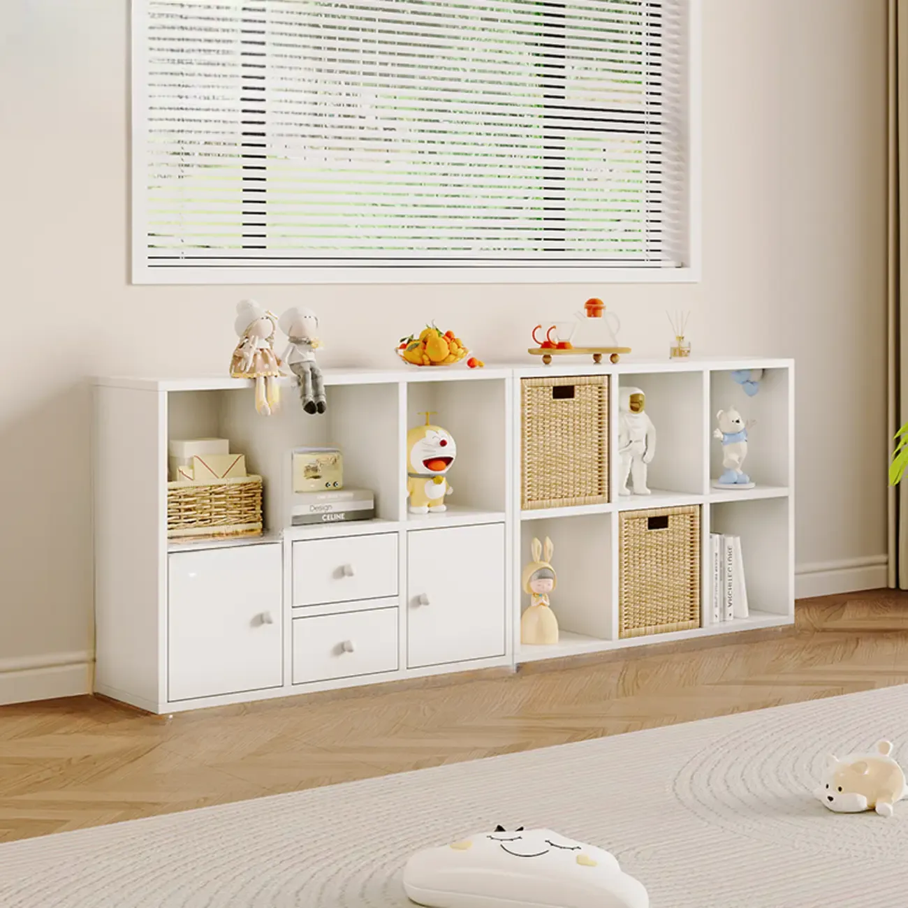 Horizontal Wood Nut-Brown Cube Bookcase with Drawers Image - 5