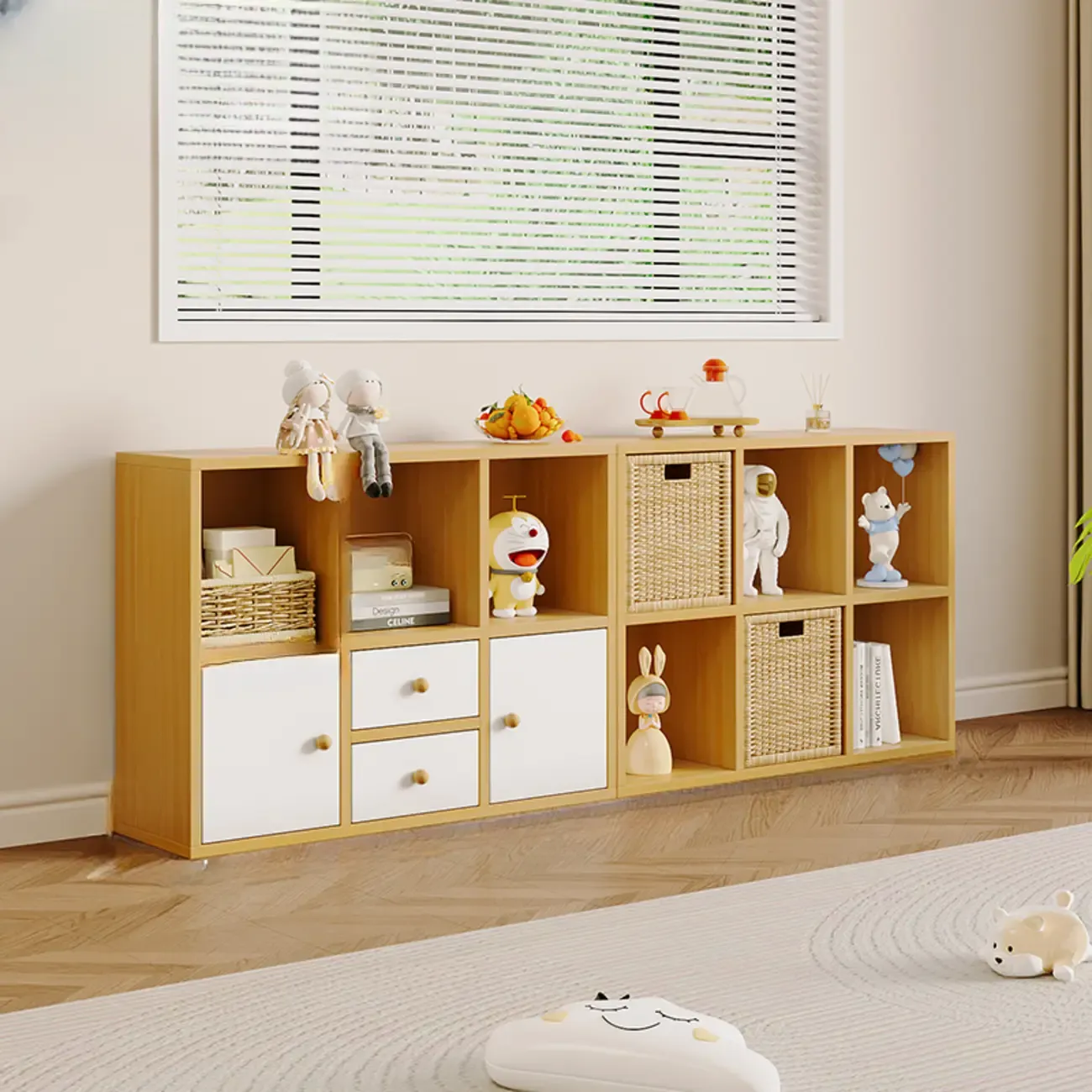 Horizontal Wood Nut-Brown Cube Bookcase with Drawers Image - 3