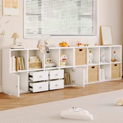 Horizontal Wood Nut-Brown Cube Bookcase with Drawers Image - 6