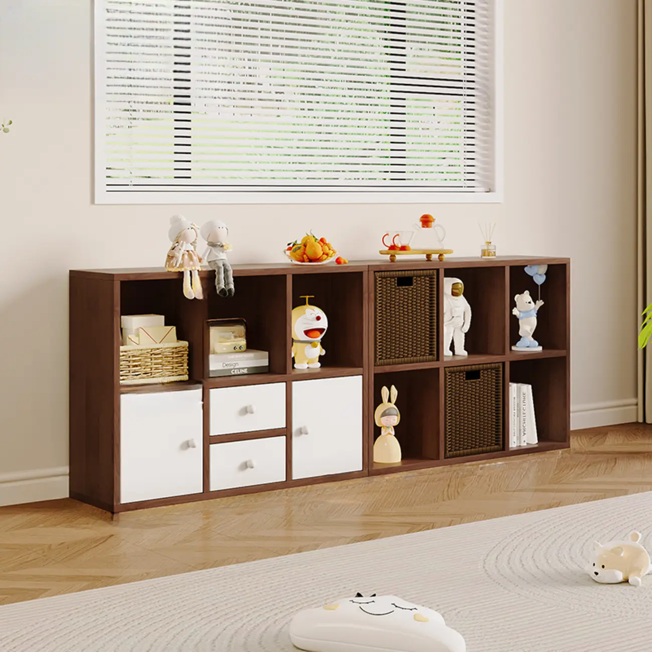 Horizontal Wood Nut-Brown Cube Bookcase with Drawers Image - 2 | homeyfad