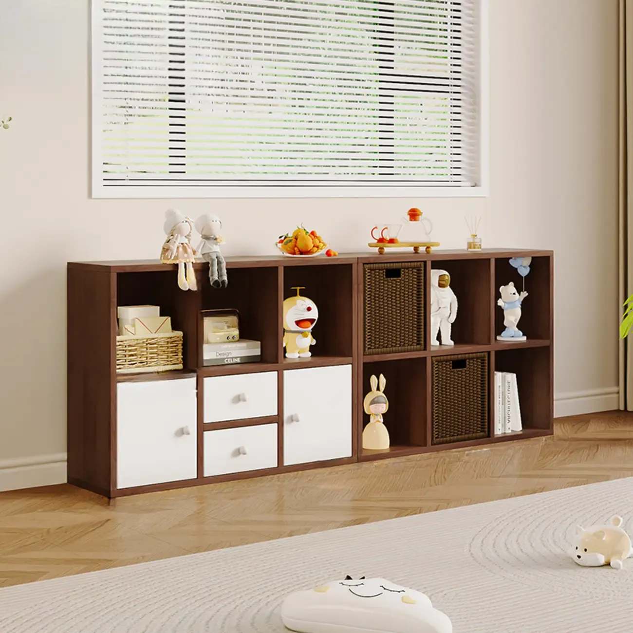 Horizontal Wood Nut-Brown Cube Bookcase with Drawers Image - 2