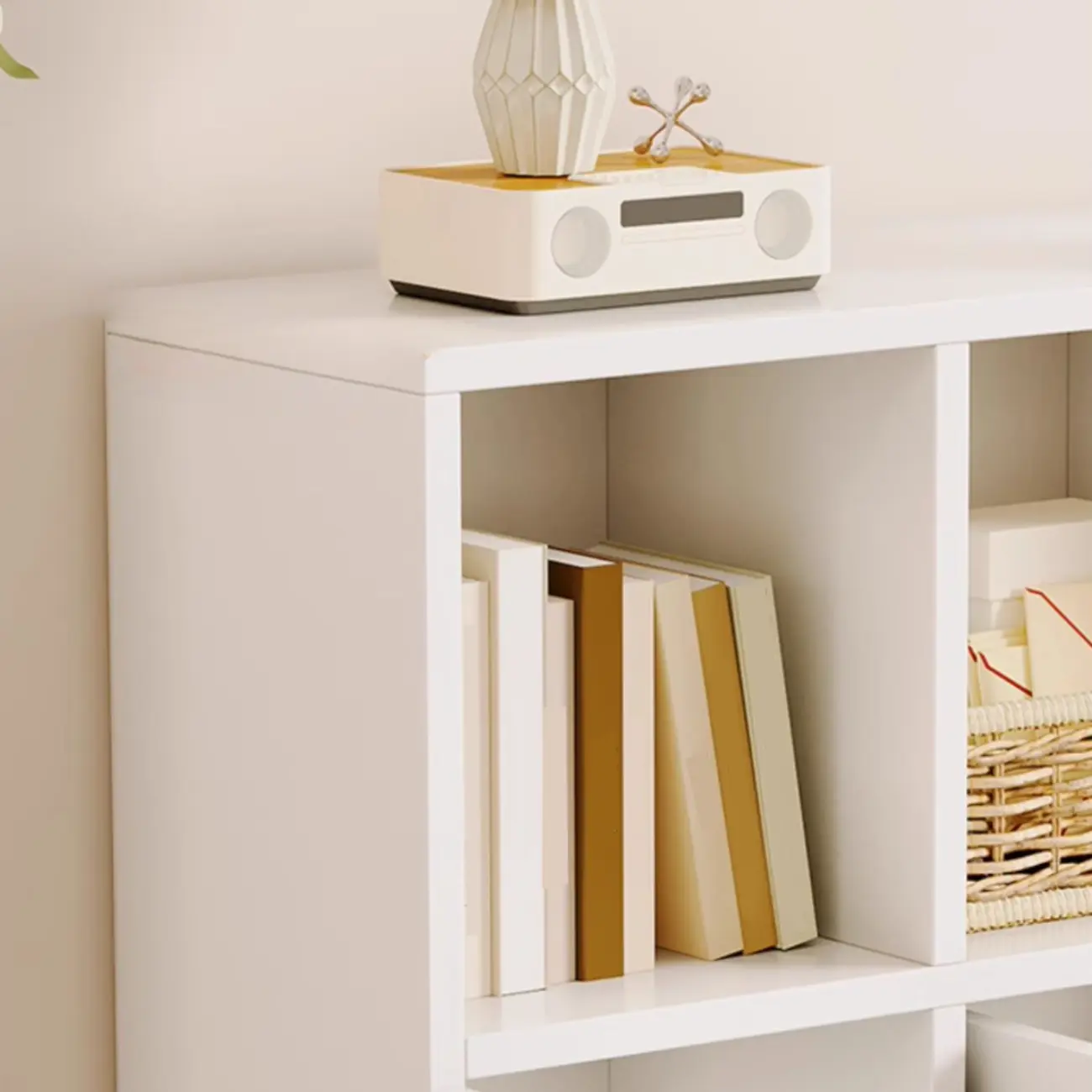 Horizontal Wood Nut-Brown Cube Bookcase with Drawers Image - 7 | homeyfad
